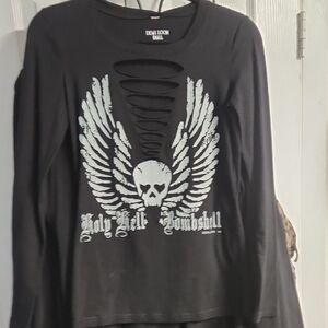 Black Long Sleeve Top with Skull and Wings Design